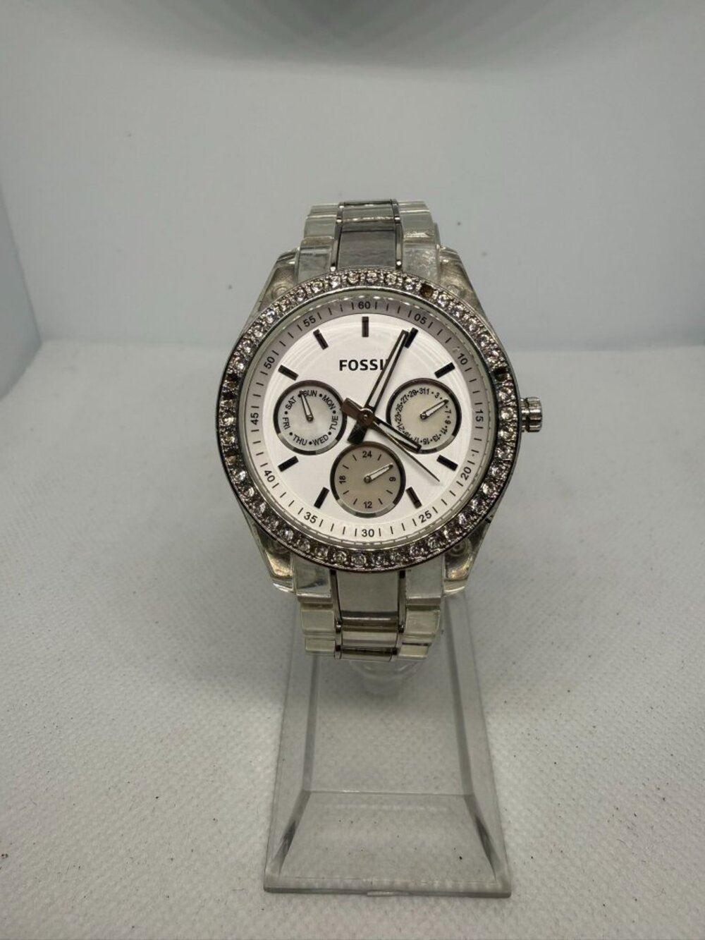 Fossil Stella ES2364 Women's 40mm Rhinestone Bezel Clear Resin Multifunction Wat